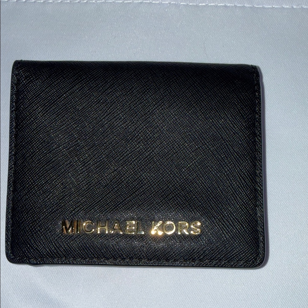 Michael Kors Black Saffiano Card Wallet with Gold Logo Plate